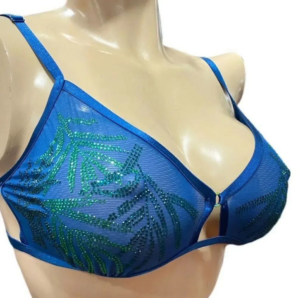 Victorias Secret Very Sexy Bling Crystals Mesh Unlined Bralette bra teal multi
